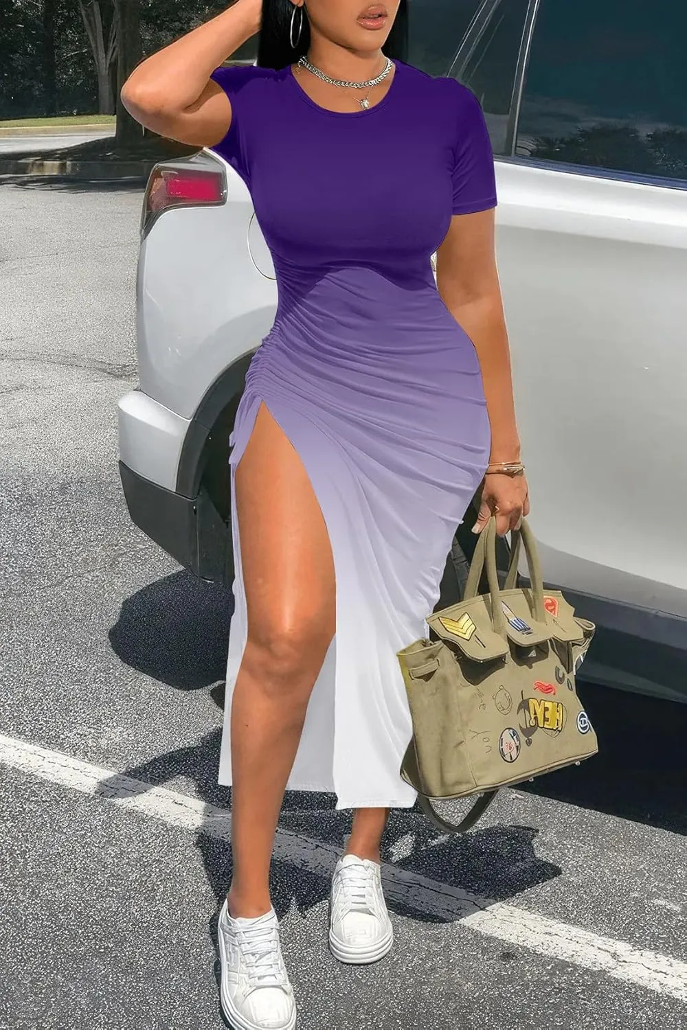 Nimsruc Women Sexy Summer Dresses Short Sleeve Thigh-high Slit Ruched Bodycon Maxi Club Cocktail Party Dress