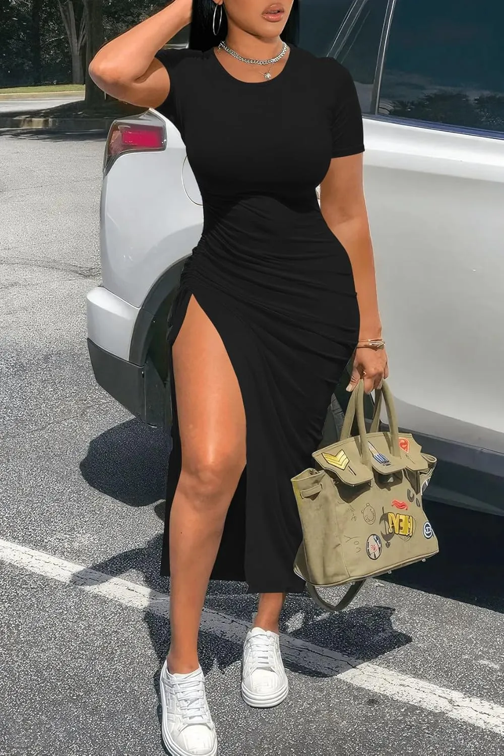 Nimsruc Women Sexy Summer Dresses Short Sleeve Thigh-high Slit Ruched Bodycon Maxi Club Cocktail Party Dress