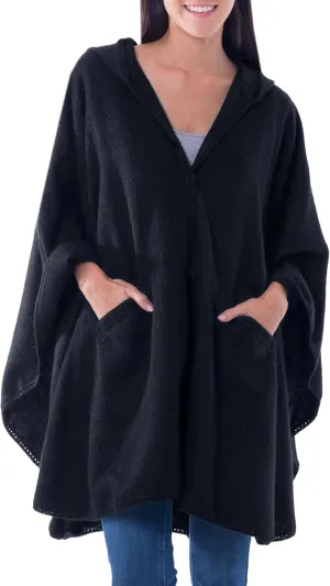 NOVICA Artisan Handmade Alpaca Blend Hooded Ruana Cape Andean with Acrylic Wool Clothing Wraps Ruanas Black Solid Peru ' Glamorous Night'