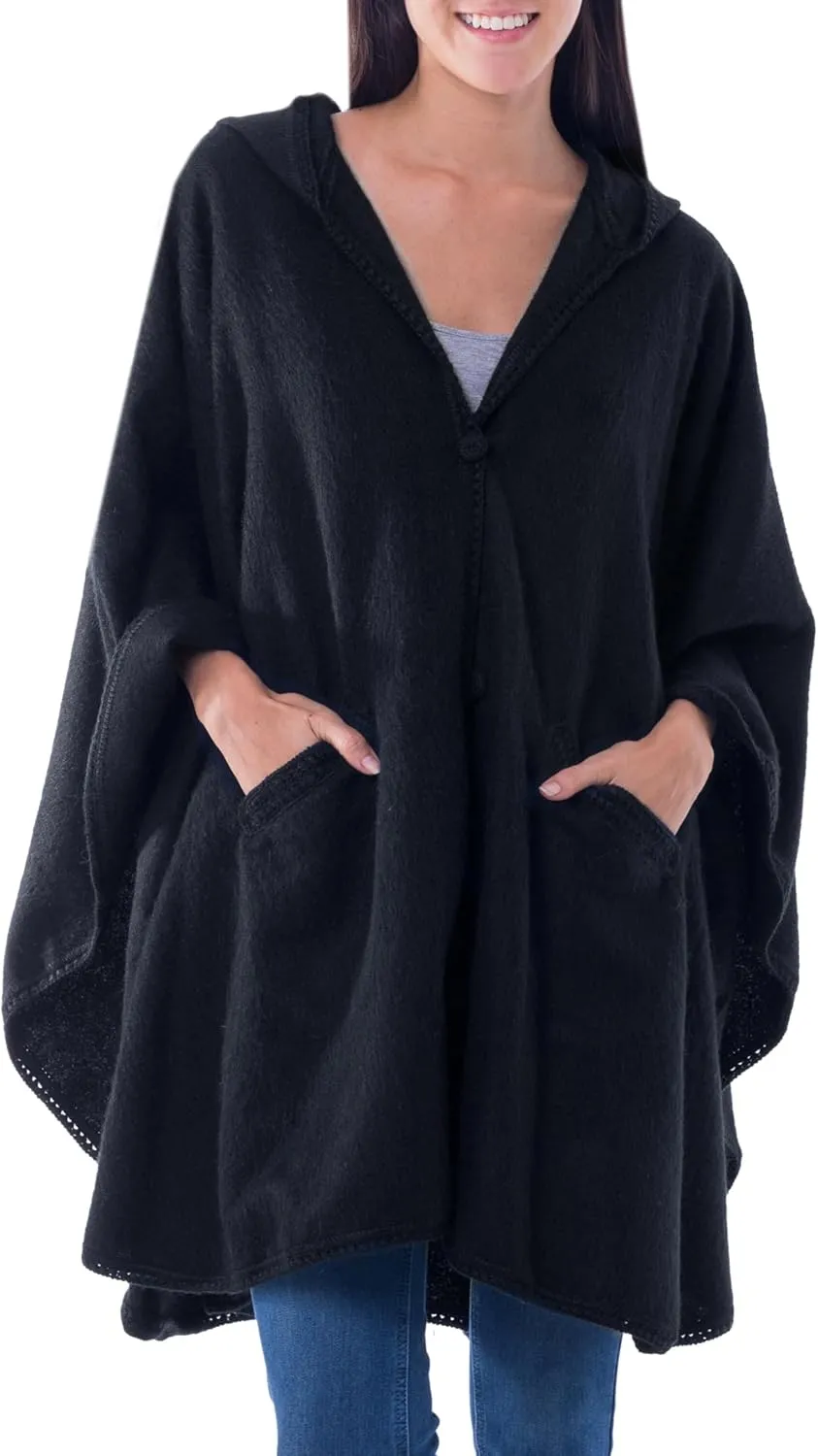 NOVICA Artisan Handmade Alpaca Blend Hooded Ruana Cape Andean with Acrylic Wool Clothing Wraps Ruanas Black Solid Peru ' Glamorous Night'