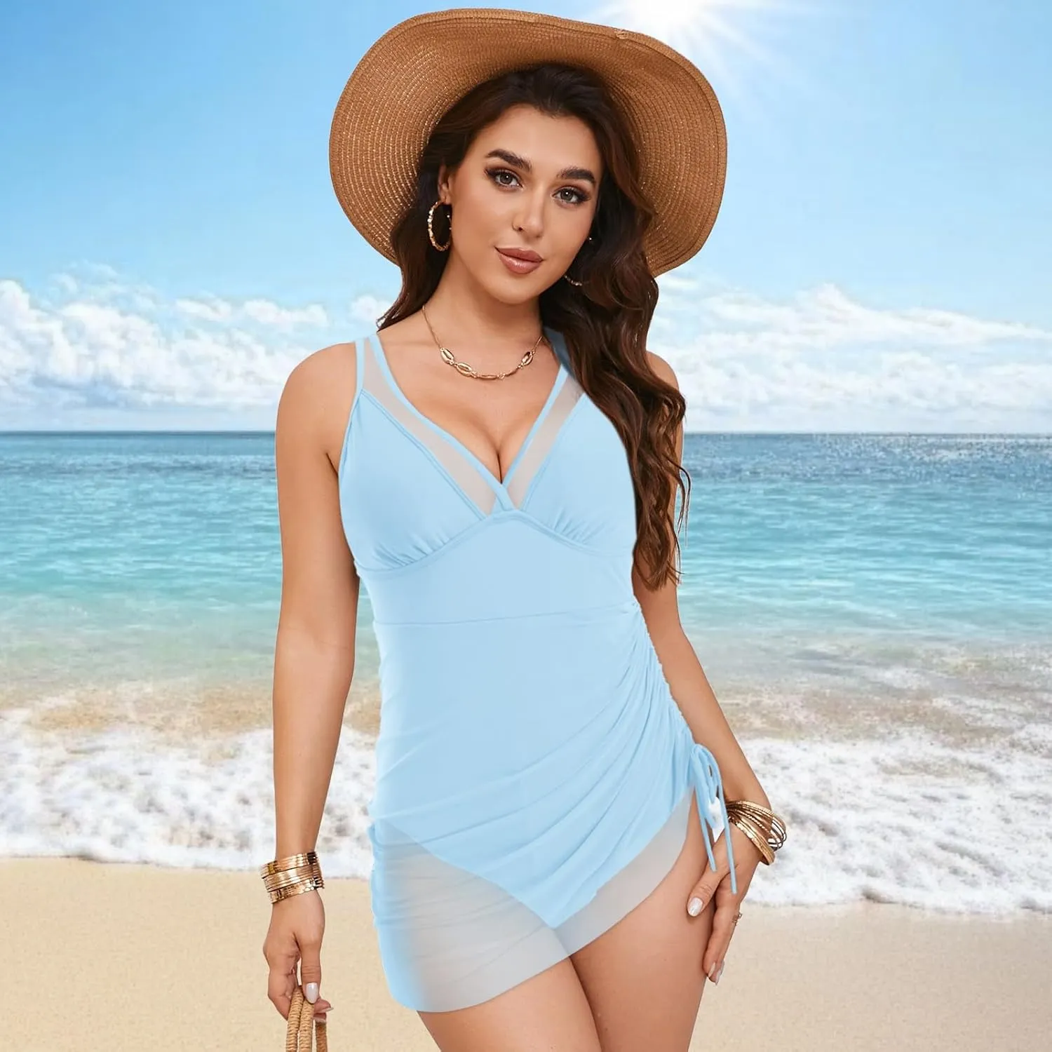 One Piece Swimsuit For Women Square Back Bathing Suit Tummy Control Slimming High Waisted Swimwear Color Block Swimming Suits