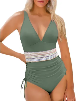 One Piece Swimsuit Womens Tummy Control Sexy Mesh Hollow Out Bathing Suits Color Block Drawstring Swim Suits