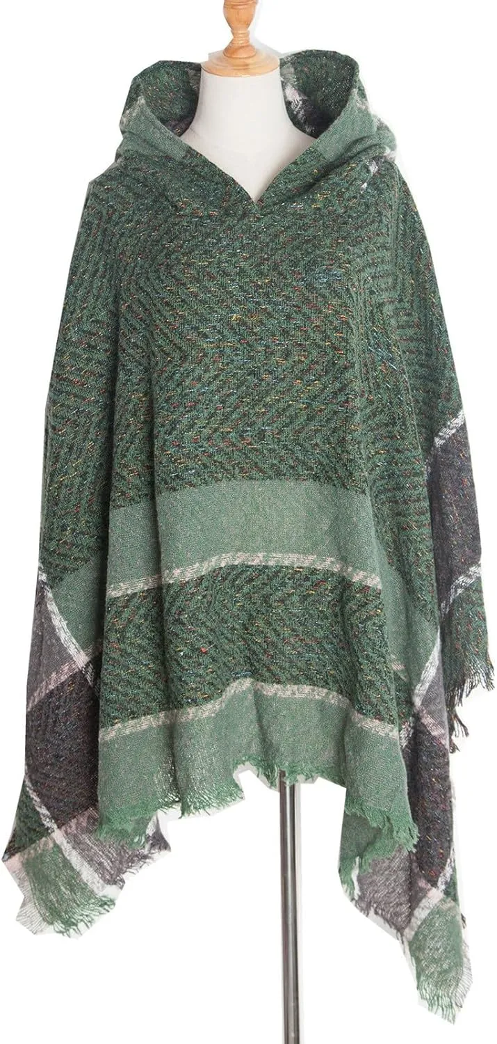 Oplxuo Womens Knit Ponchos Sweater Versatile Lightweight Color Block Pullover Shawl Hooded Wrap Scarf Cape Gifts for Woman