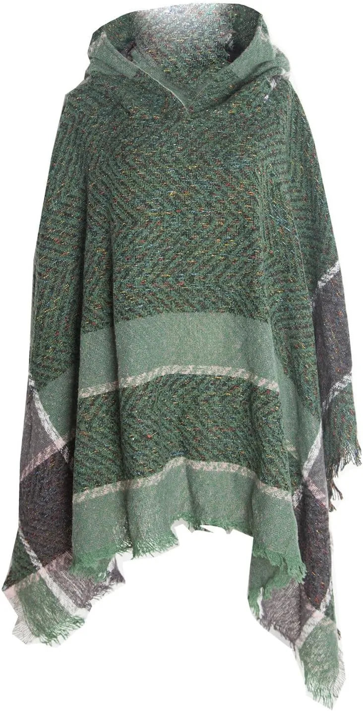 Oplxuo Womens Knit Ponchos Sweater Versatile Lightweight Color Block Pullover Shawl Hooded Wrap Scarf Cape Gifts for Woman