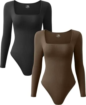 OQQ Women's 2 Piece Bodysuits Sexy Ribbed One Piece Square Neck Long Sleeve Tops