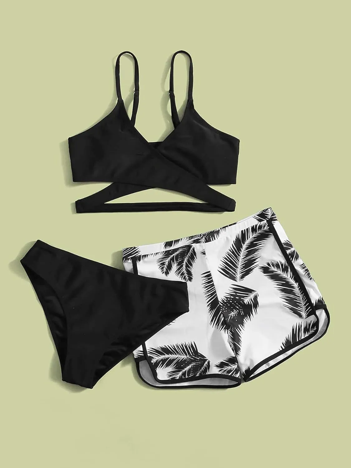 OYOANGLE Girl's 3 Piece Tropical Print Criss Cross Bikini Set Swimsuit Bathing Suit with Shorts