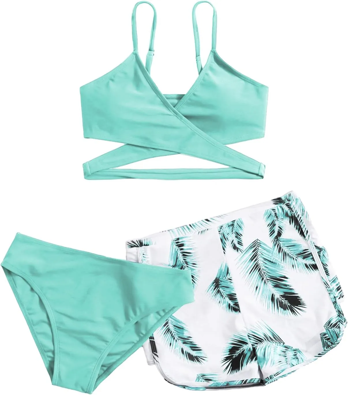 OYOANGLE Girl's 3 Piece Tropical Print Criss Cross Bikini Set Swimsuit Bathing Suit with Shorts