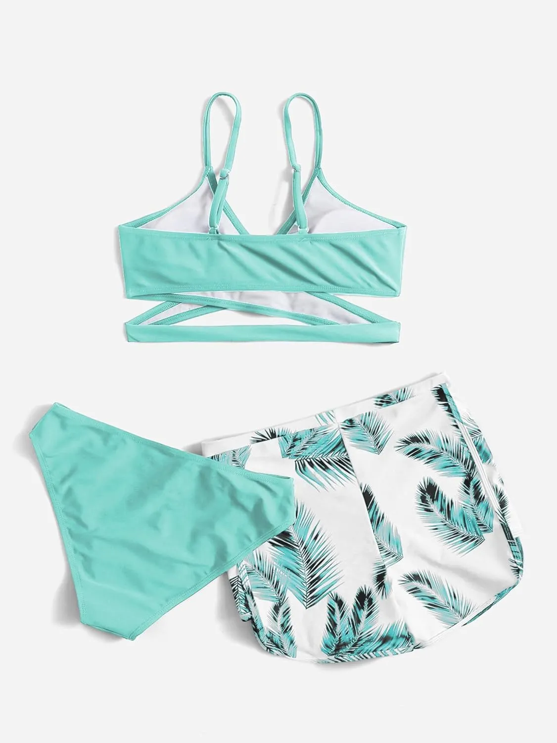 OYOANGLE Girl's 3 Piece Tropical Print Criss Cross Bikini Set Swimsuit Bathing Suit with Shorts
