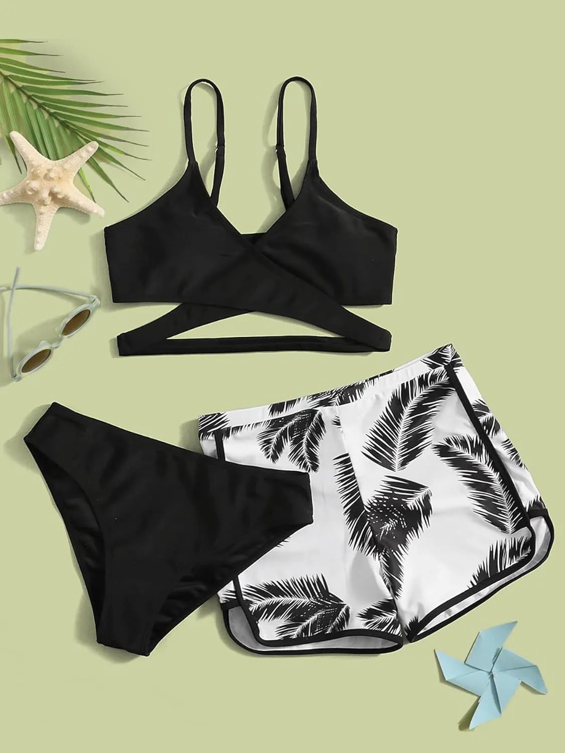 OYOANGLE Girl's 3 Piece Tropical Print Criss Cross Bikini Set Swimsuit Bathing Suit with Shorts