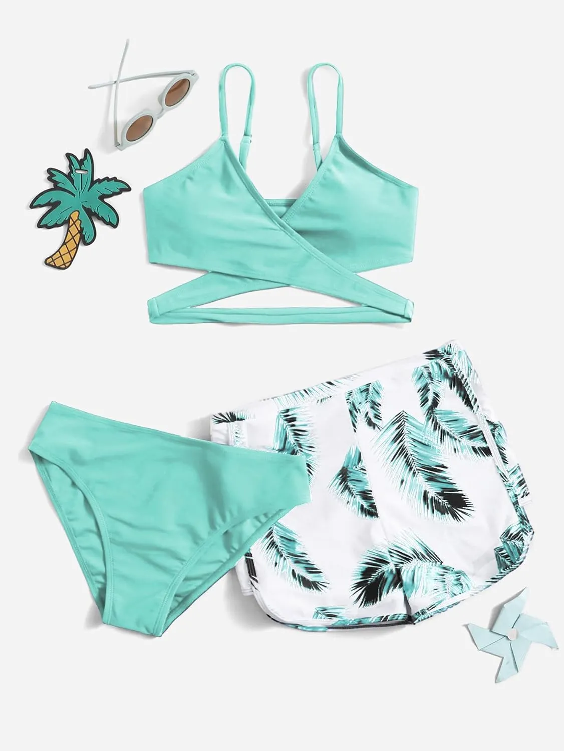 OYOANGLE Girl's 3 Piece Tropical Print Criss Cross Bikini Set Swimsuit Bathing Suit with Shorts