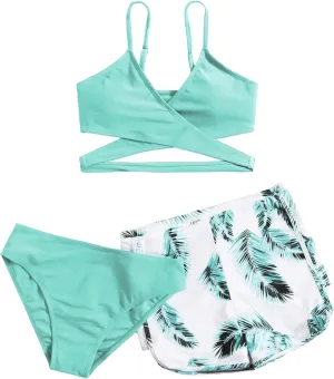 OYOANGLE Girl's 3 Piece Tropical Print Criss Cross Bikini Set Swimsuit Bathing Suit with Shorts