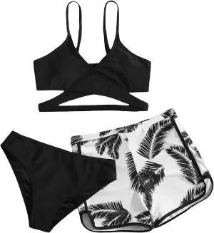 OYOANGLE Girl's 3 Piece Tropical Print Criss Cross Bikini Set Swimsuit Bathing Suit with Shorts
