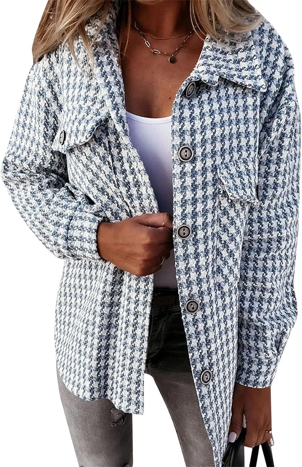 Plaid Jacket Women Long Sleeve Button Down Shirt Casual Houndstooth Jacket Wool Blend Coat Outwear with Pockets