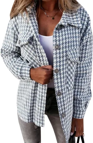Plaid Jacket Women Long Sleeve Button Down Shirt Casual Houndstooth Jacket Wool Blend Coat Outwear with Pockets