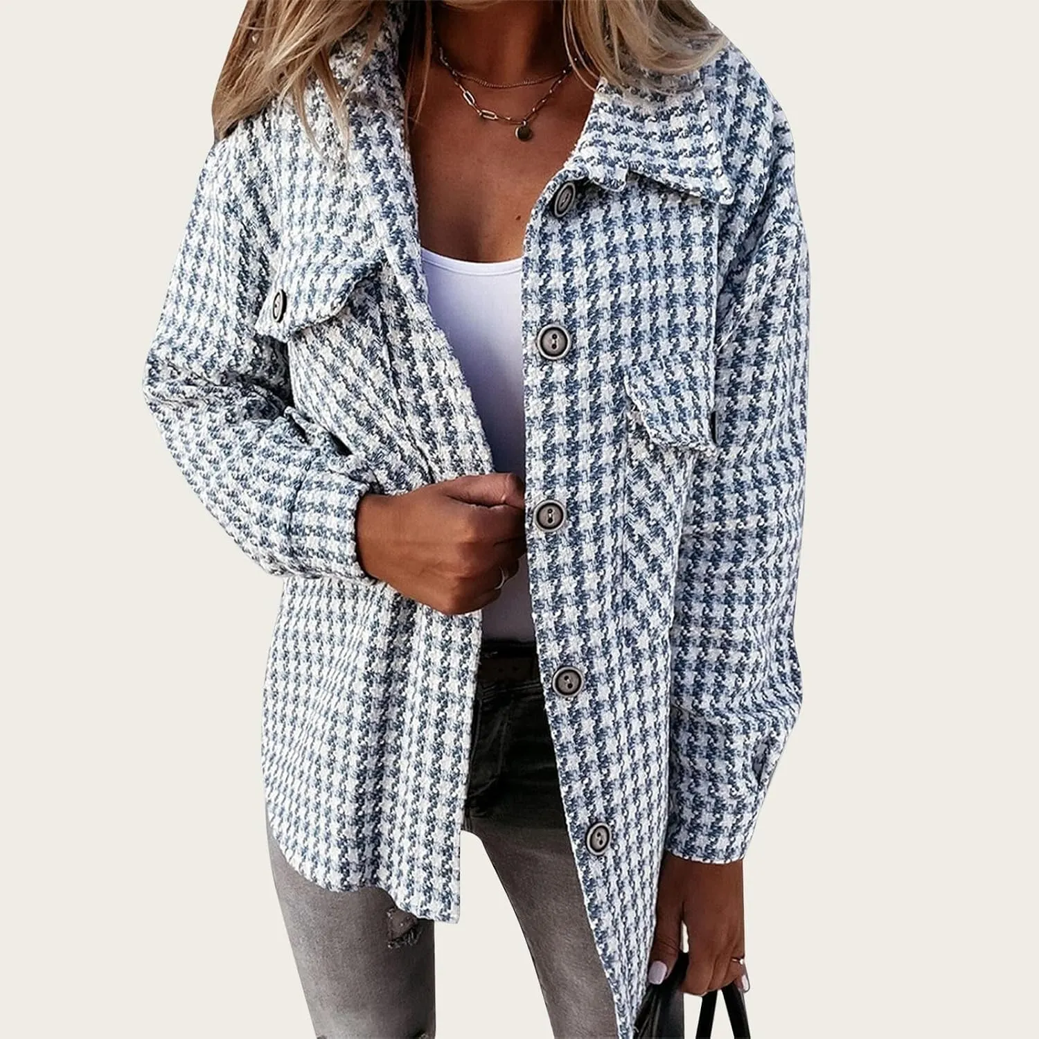 Plaid Jacket Women Long Sleeve Button Down Shirt Casual Houndstooth Jacket Wool Blend Coat Outwear with Pockets
