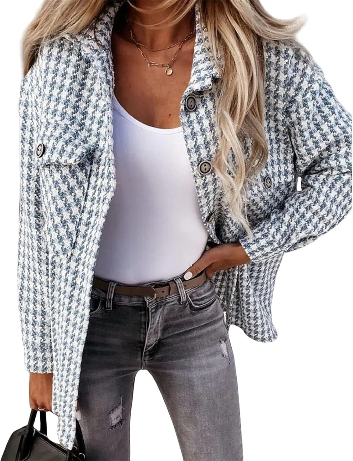 Plaid Jacket Women Long Sleeve Button Down Shirt Casual Houndstooth Jacket Wool Blend Coat Outwear with Pockets