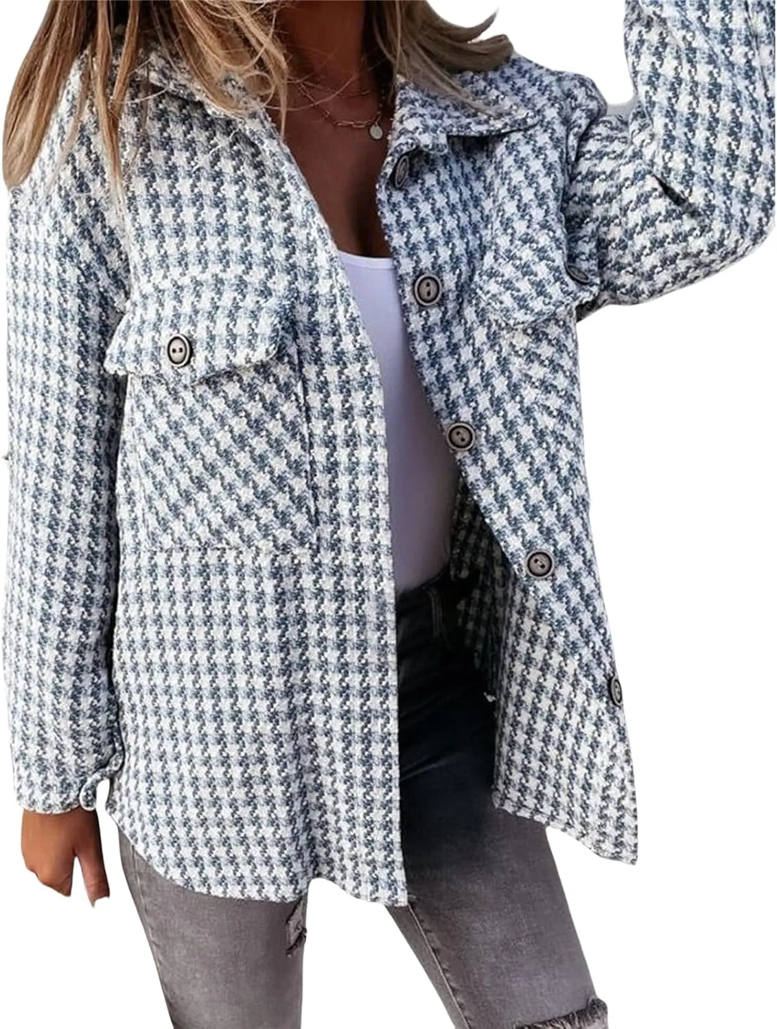 Plaid Jacket Women Long Sleeve Button Down Shirt Casual Houndstooth Jacket Wool Blend Coat Outwear with Pockets