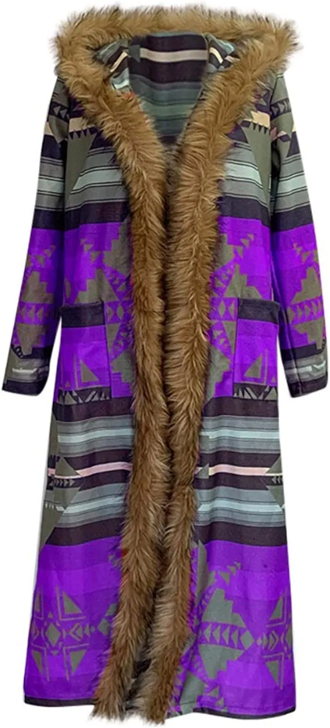 Plus Size Overcoat with Fur Hood Winter Coats for Women Windproof Outerwear Furry Jackets Ethnic Style Trench Coat