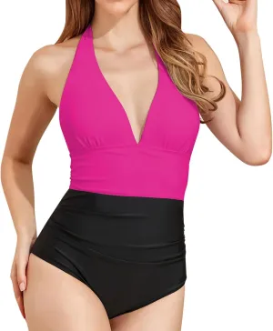 PTOLOCIF Monokini Swimsuits for Women Push up Tummy Control Bathing Suits V Neck Cutout Modest Swim Suits 1 Piece Swimwear
