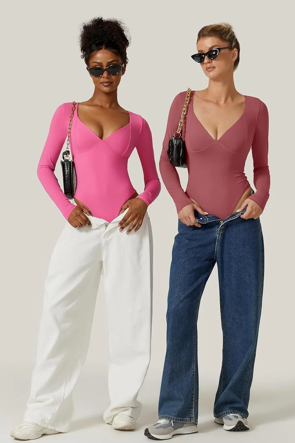 QINSEN Women's Long Sleeve Bodysuit V Neck Body Suits Seamed Cup Going Out Tops Shirt