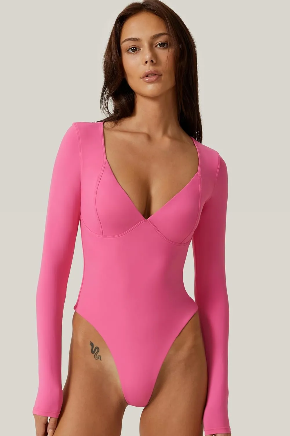 QINSEN Women's Long Sleeve Bodysuit V Neck Body Suits Seamed Cup Going Out Tops Shirt