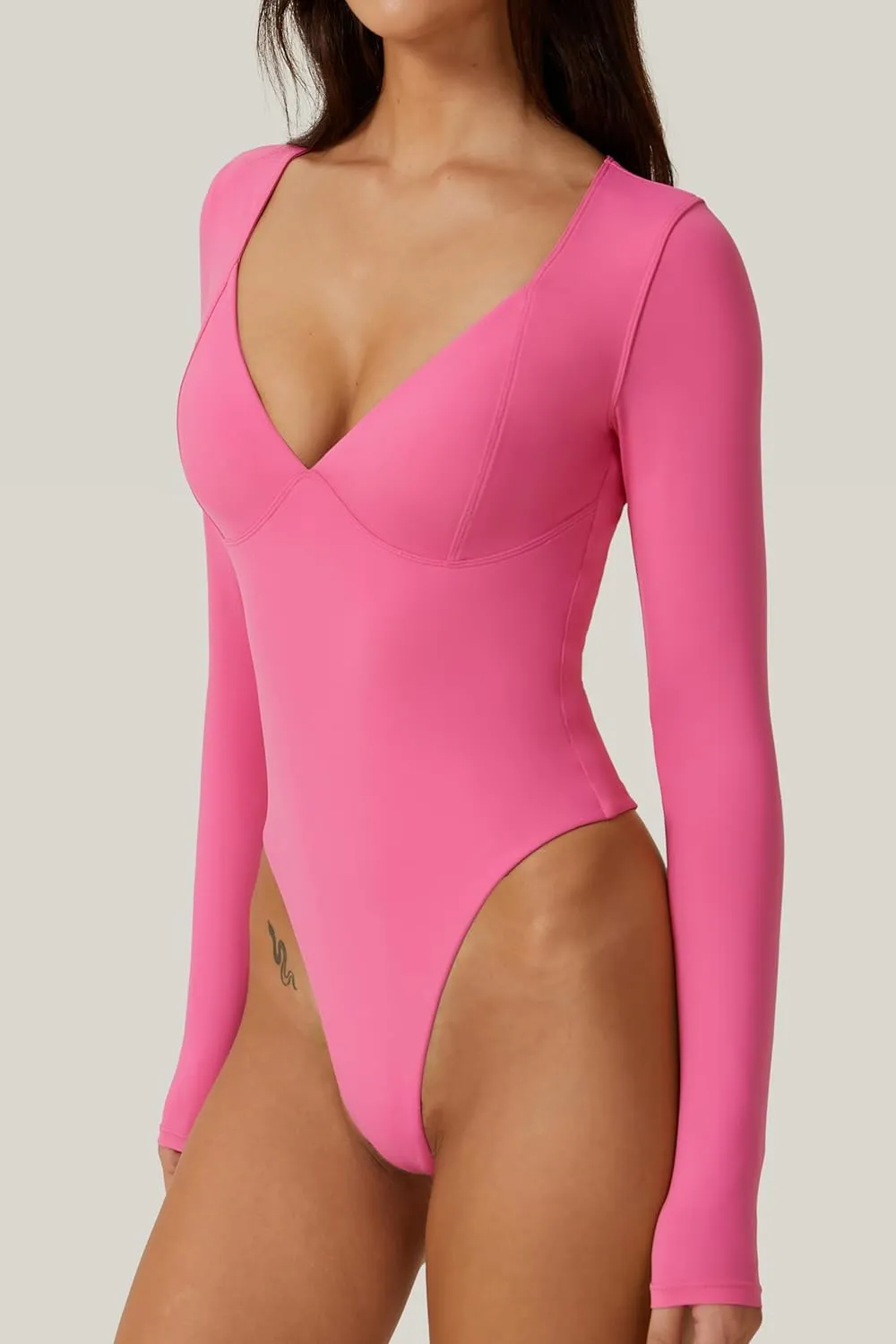 QINSEN Women's Long Sleeve Bodysuit V Neck Body Suits Seamed Cup Going Out Tops Shirt