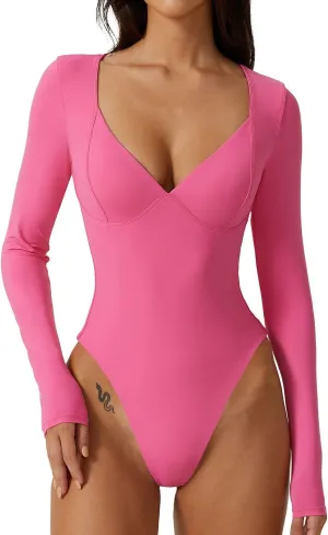 QINSEN Women's Long Sleeve Bodysuit V Neck Body Suits Seamed Cup Going Out Tops Shirt