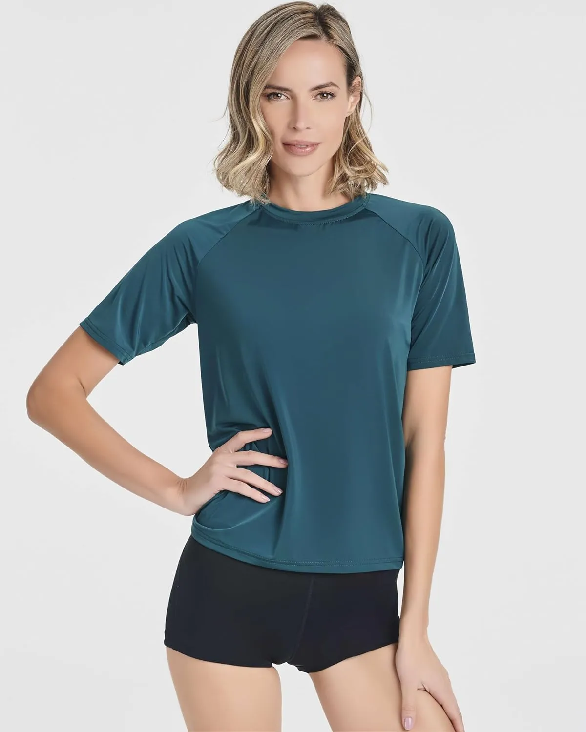 Real Essentials 4 Pack: Women's UPF Short Sleeved Active Rashguard & UV Sun Protection Swimsuit Top (Availabe in Plus Size)