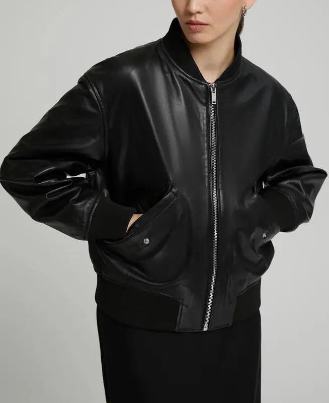 Real Lambskin Womens Bomber Jacket Zip Up Casual Outerwear Moto Biker Jackets Coat with Pockets