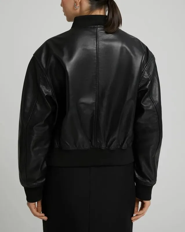 Real Lambskin Womens Bomber Jacket Zip Up Casual Outerwear Moto Biker Jackets Coat with Pockets