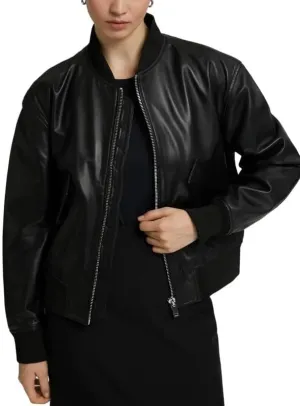 Real Lambskin Womens Bomber Jacket Zip Up Casual Outerwear Moto Biker Jackets Coat with Pockets