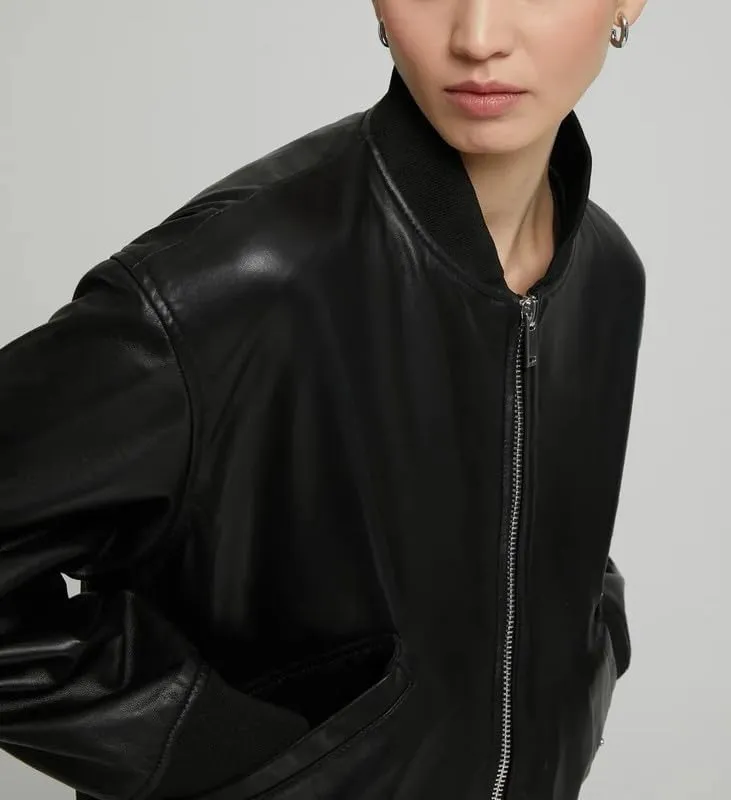 Real Lambskin Womens Bomber Jacket Zip Up Casual Outerwear Moto Biker Jackets Coat with Pockets