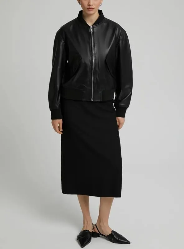 Real Lambskin Womens Bomber Jacket Zip Up Casual Outerwear Moto Biker Jackets Coat with Pockets