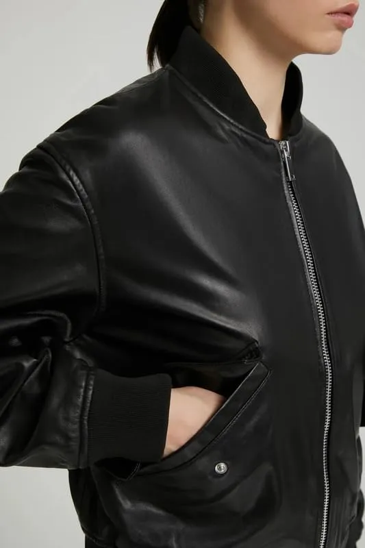 Real Lambskin Womens Bomber Jacket Zip Up Casual Outerwear Moto Biker Jackets Coat with Pockets