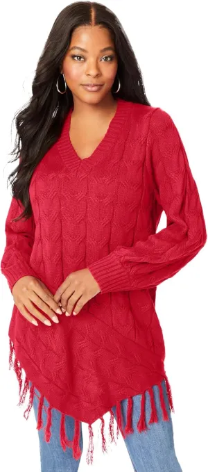 Roaman's Women's Plus Size Fringed Cable Knit Sweater