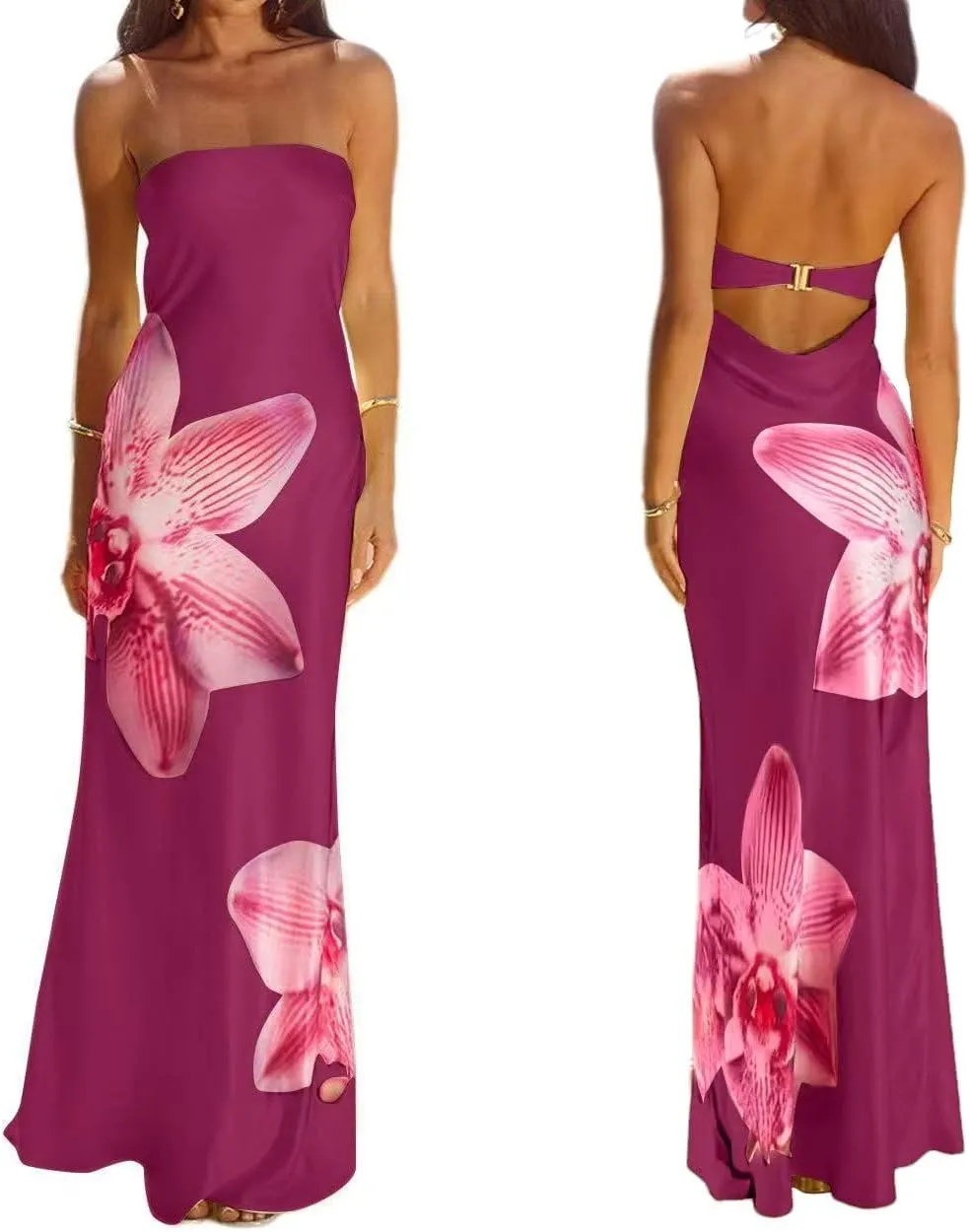 Sastianaen Women Y2k Strapless Maxi Dress Floral Print Tube Dress Split Bodycon Long Dresses Summer Going Out Streetwear
