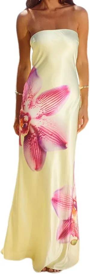 Sastianaen Women Y2k Strapless Maxi Dress Floral Print Tube Dress Split Bodycon Long Dresses Summer Going Out Streetwear