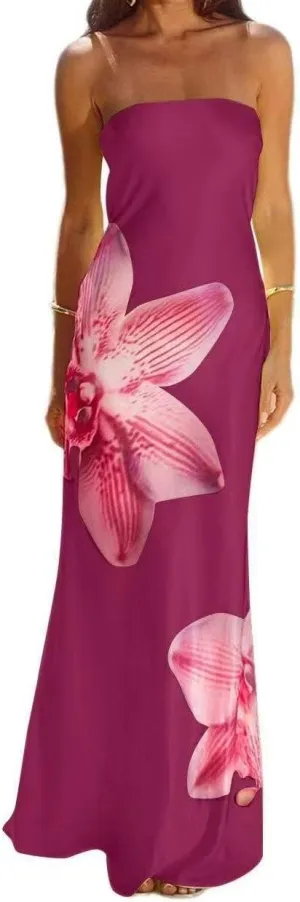 Sastianaen Women Y2k Strapless Maxi Dress Floral Print Tube Dress Split Bodycon Long Dresses Summer Going Out Streetwear