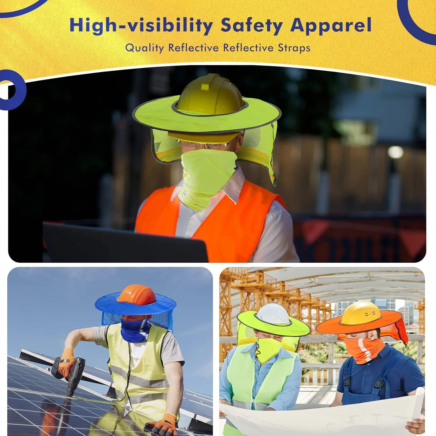 SATINIOR 6 Pcs Hard Hat Sun Shade High Visibility Sun Visor Neck Sunshade with Reflective Strip Hard Hat Accessories Construction Sites for Men Women, Hard Hat Not Included