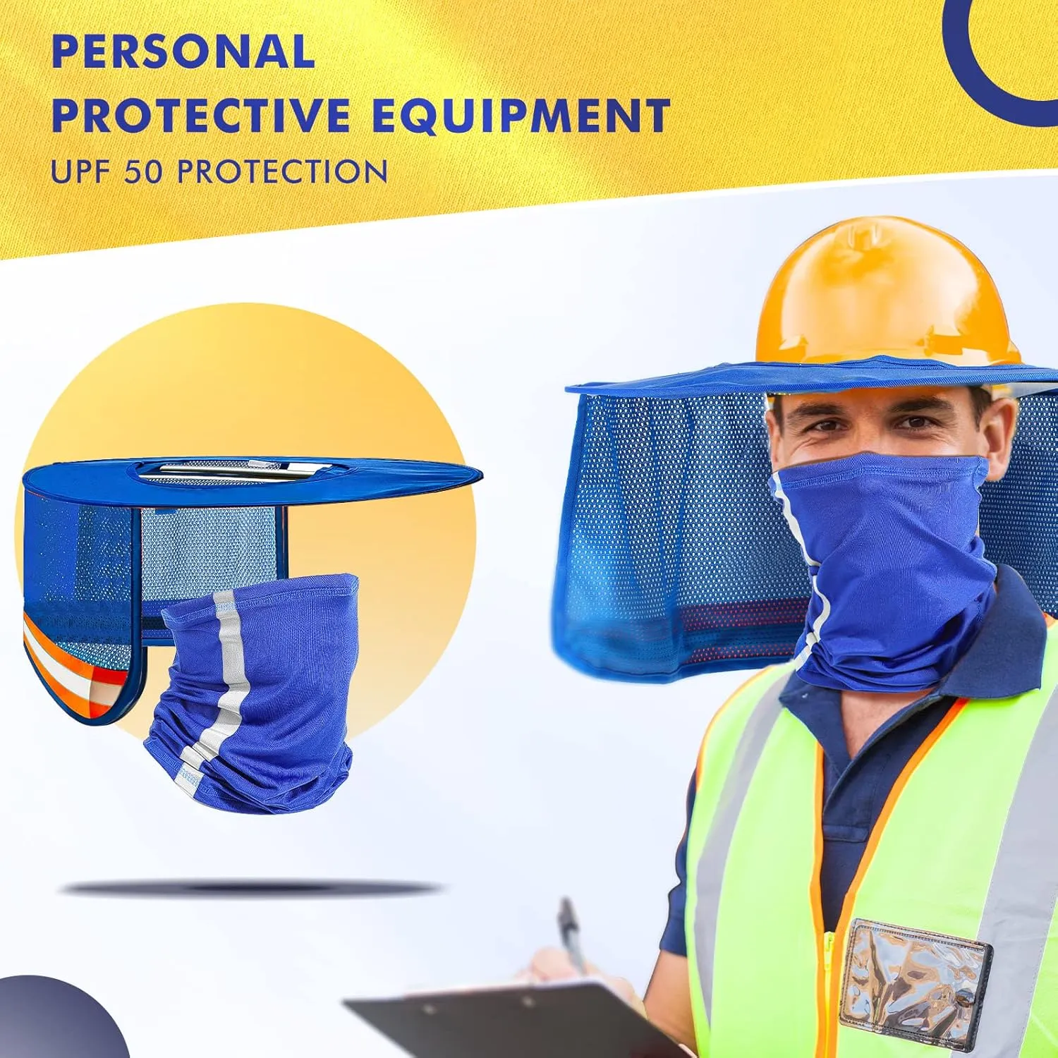 SATINIOR 6 Pcs Hard Hat Sun Shade High Visibility Sun Visor Neck Sunshade with Reflective Strip Hard Hat Accessories Construction Sites for Men Women, Hard Hat Not Included