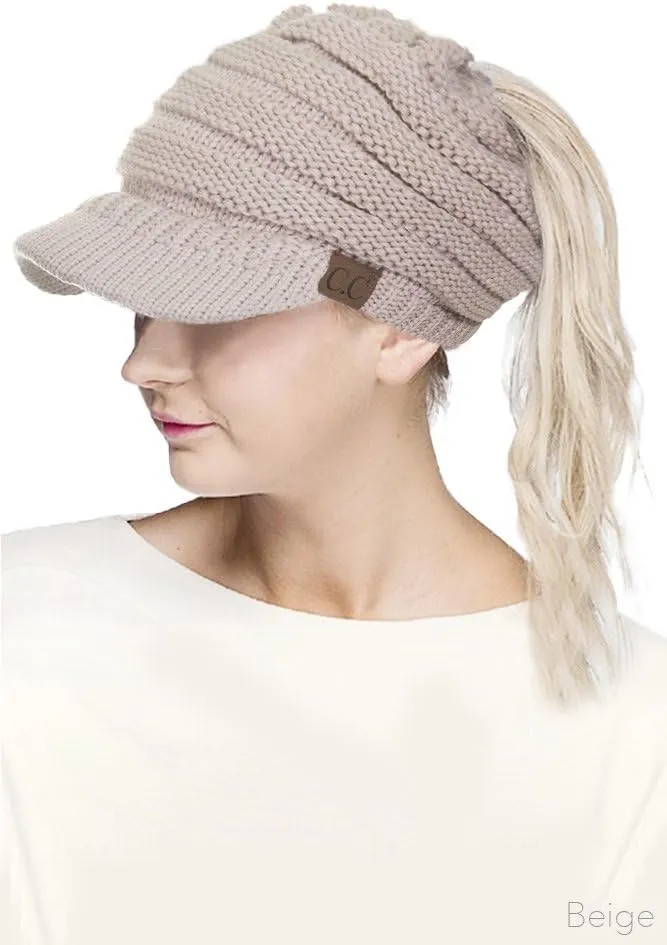 ScarvesMe Brim BeanieTail Ponytail Messy Bun Solid Ribbed Beanie Hat Sun Cap