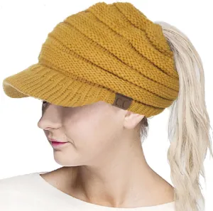ScarvesMe Brim BeanieTail Ponytail Messy Bun Solid Ribbed Beanie Hat Sun Cap