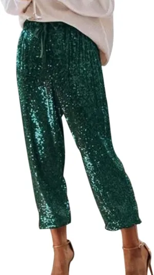 SCORP Women's Casual Glitter Bling Sequins Ruffle High Waisted Drawstring Long Pants Clubwear