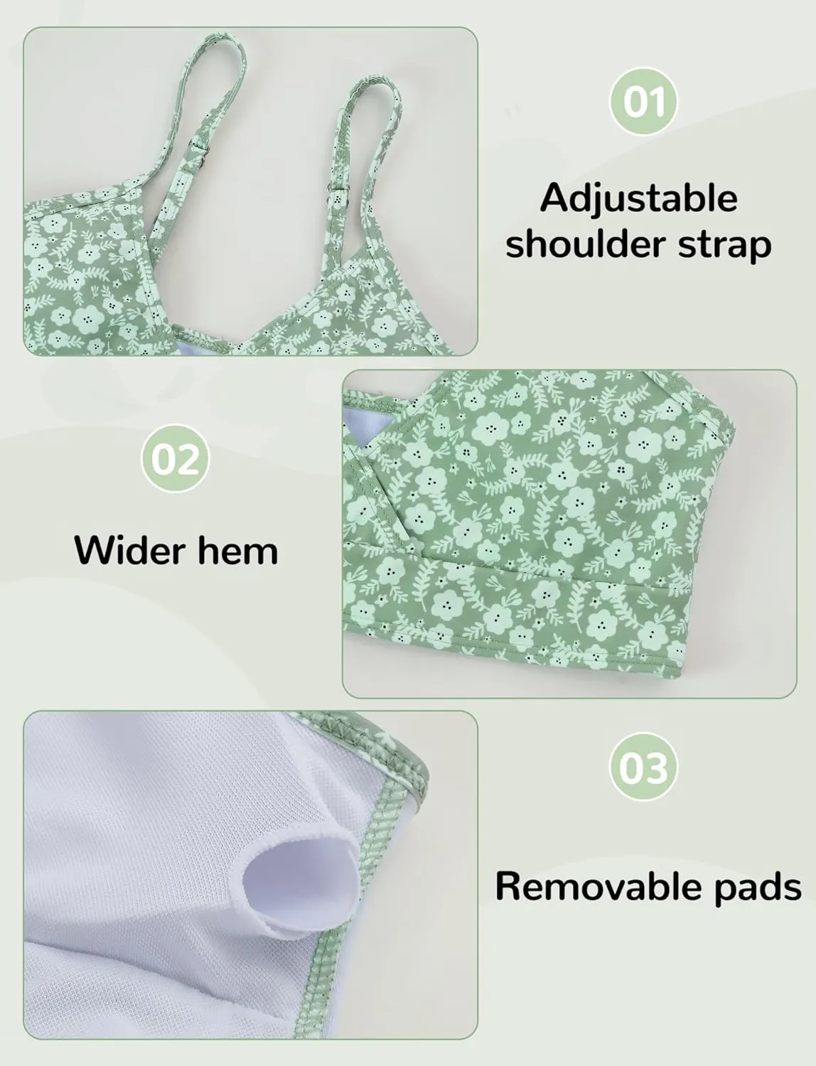SEAUR Girls' Fashion Bikini Sets Cute 3 Piece Swimsuits V Neck Floral Printed Swimwear Beach Bathing Suit with Cover Up Skirt