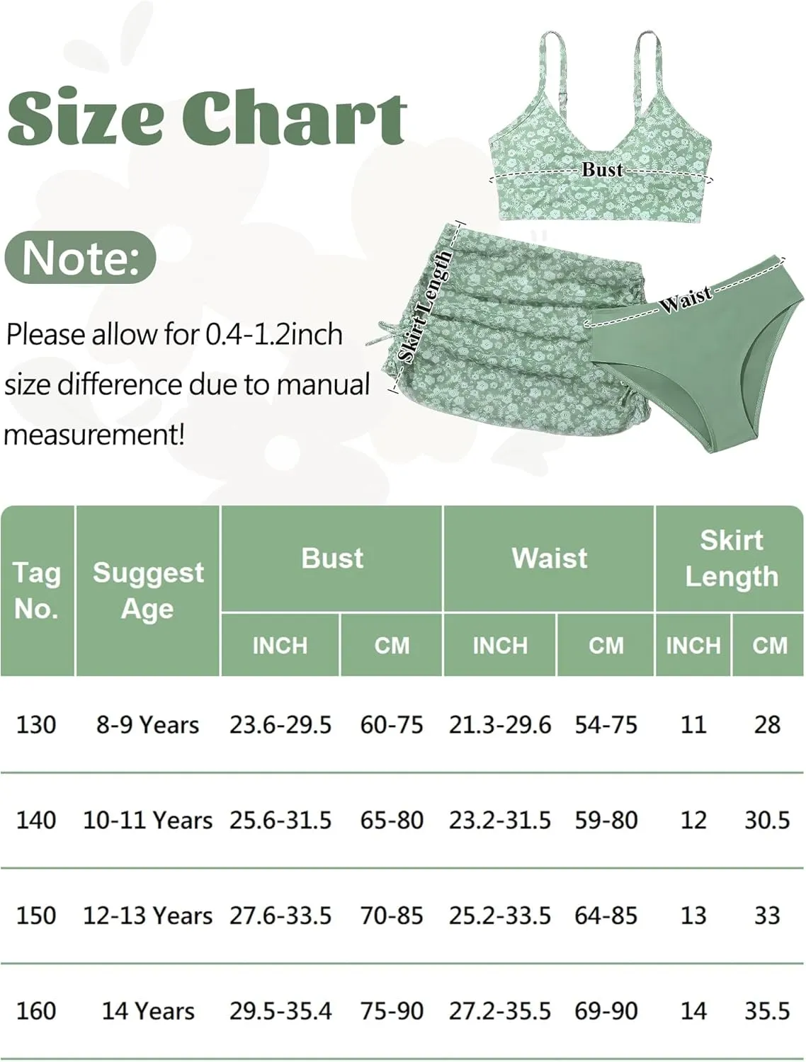 SEAUR Girls' Fashion Bikini Sets Cute 3 Piece Swimsuits V Neck Floral Printed Swimwear Beach Bathing Suit with Cover Up Skirt