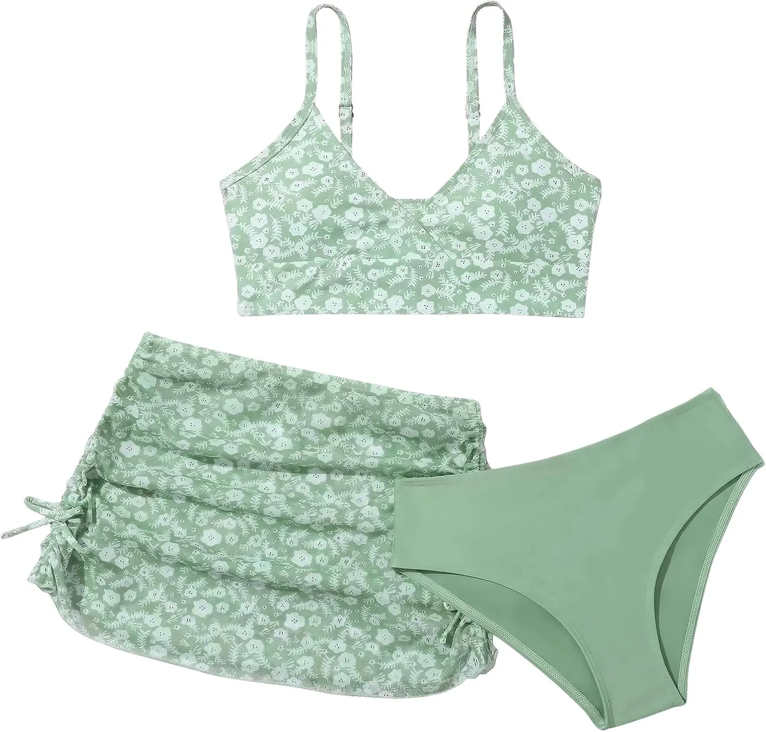 SEAUR Girls' Fashion Bikini Sets Cute 3 Piece Swimsuits V Neck Floral Printed Swimwear Beach Bathing Suit with Cover Up Skirt