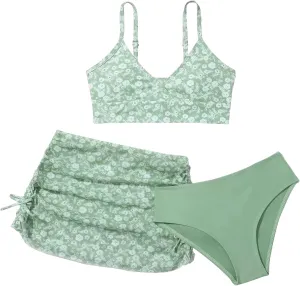 SEAUR Girls' Fashion Bikini Sets Cute 3 Piece Swimsuits V Neck Floral Printed Swimwear Beach Bathing Suit with Cover Up Skirt