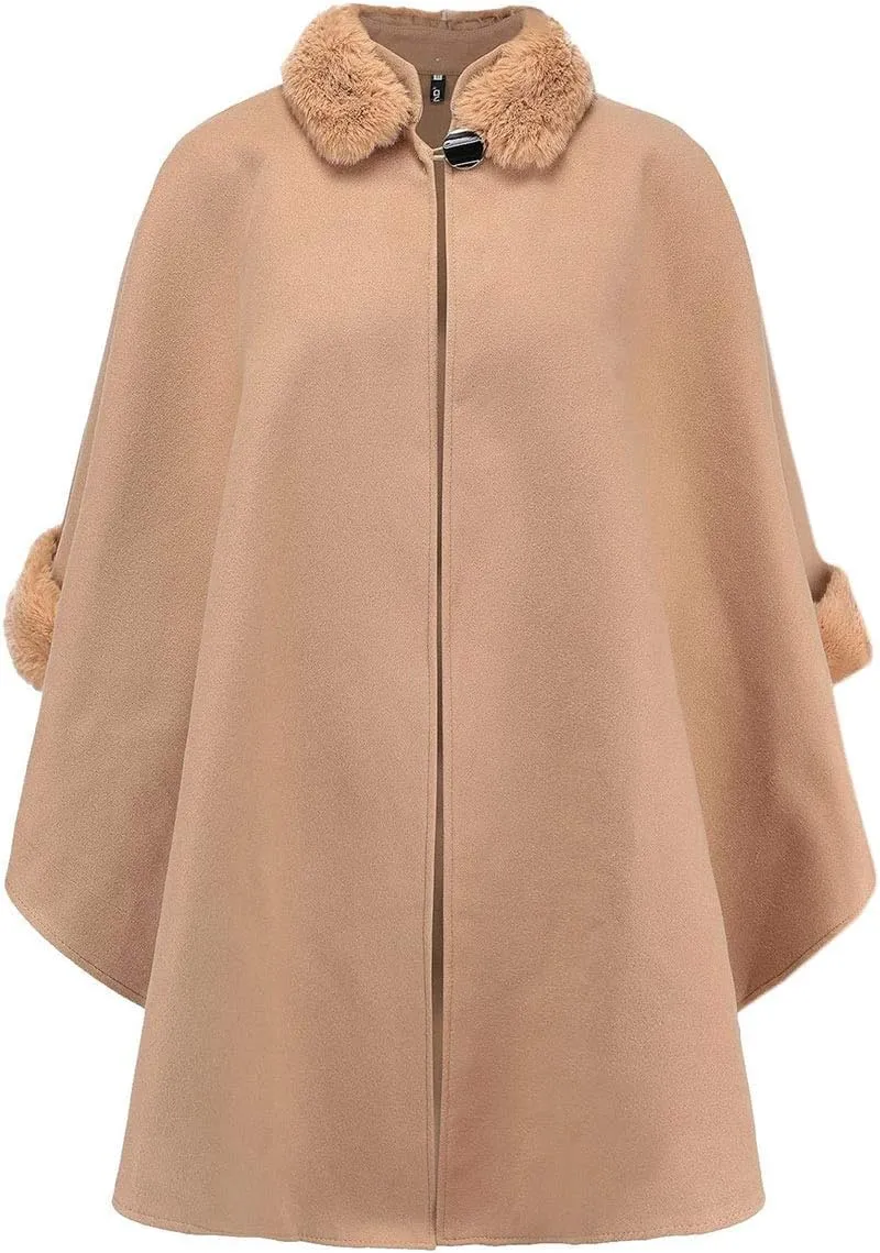 SEMATOMALA Women's Winter Wool Blended Faux Fur Coats Warm Baggy Oversized Shawl Wraps Cloak Trench Coat Poncho Cape Outwear