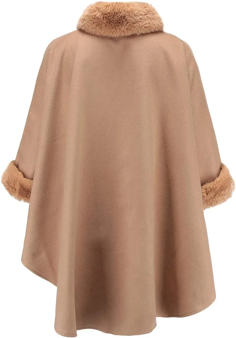 SEMATOMALA Women's Winter Wool Blended Faux Fur Coats Warm Baggy Oversized Shawl Wraps Cloak Trench Coat Poncho Cape Outwear