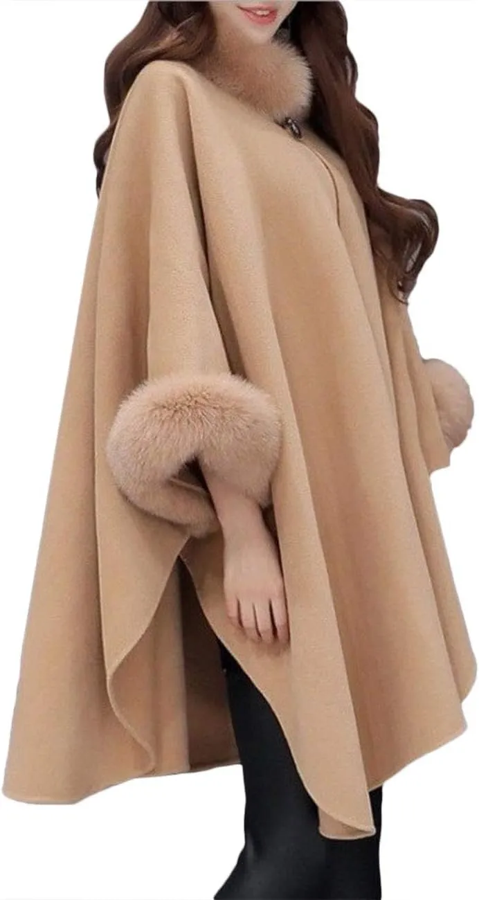 SEMATOMALA Women's Winter Wool Blended Faux Fur Coats Warm Baggy Oversized Shawl Wraps Cloak Trench Coat Poncho Cape Outwear